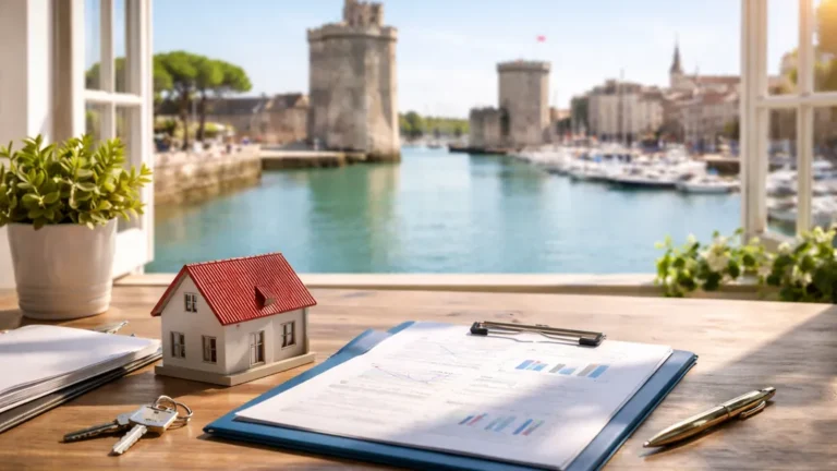 Pourquoi réaliser une estimation immobilière à La Rochelle avant de vendre 7 Bureau lumineux avec dossier d’estimation immobilière, maquette de maison et vue sur le Vieux-Port de La Rochelle