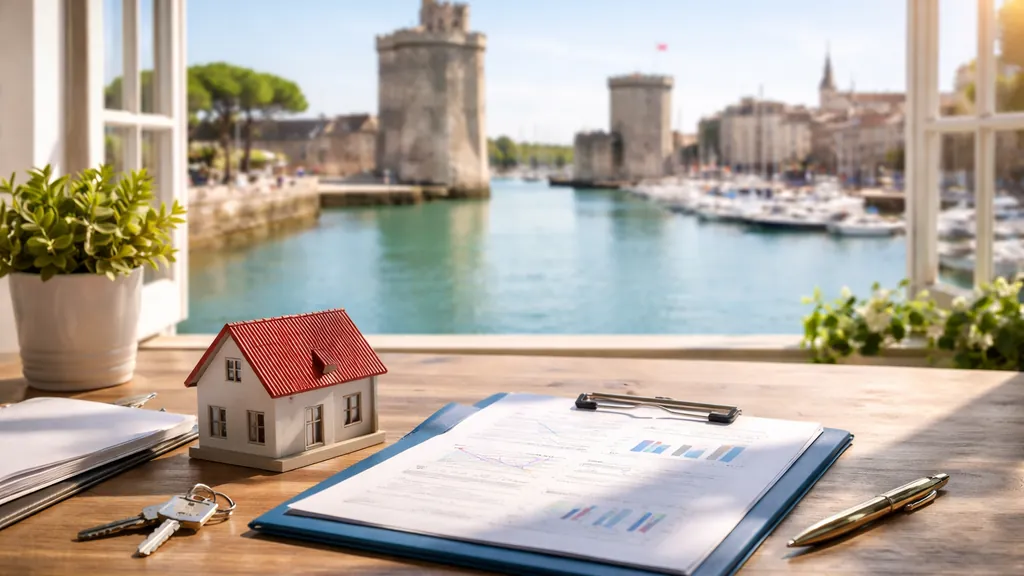 Pourquoi réaliser une estimation immobilière à La Rochelle avant de vendre 1 Bureau lumineux avec dossier d’estimation immobilière, maquette de maison et vue sur le Vieux-Port de La Rochelle