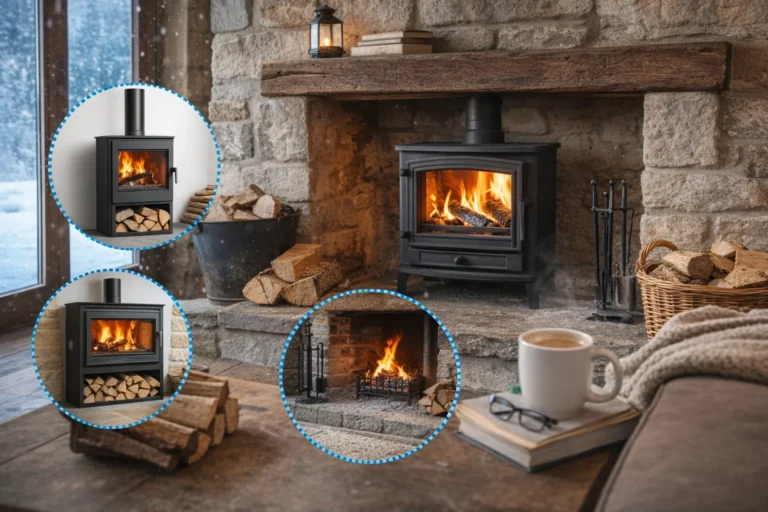 Interdiction chauffage au bois en France : ce qui est réellement interdit 1 Poêle à bois moderne installé dans un salon avec cheminée en pierre, illustrant la réglementation du chauffage au bois en France
