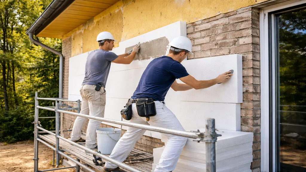 Pose de panneaux d’isolation thermique par l’extérieur sur la façade d’une maison par deux ouvriers sur échafaudage