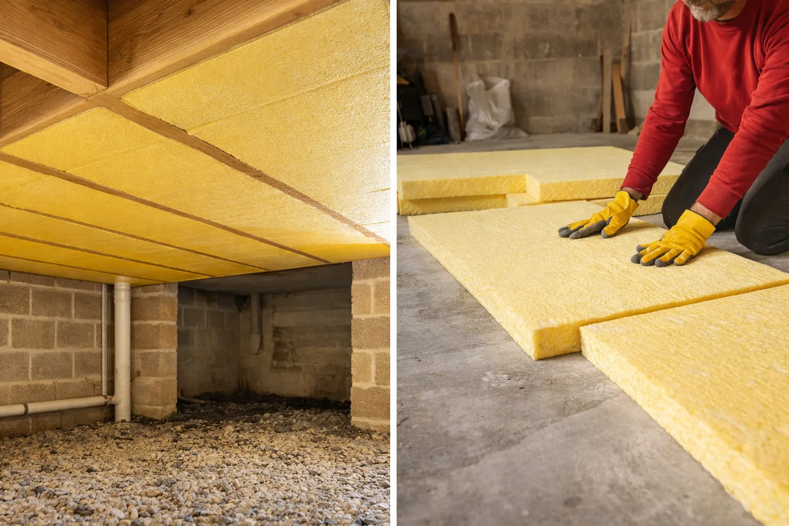 Isolation du sol d’une maison avec panneaux isolants posés en sous-face dans un vide sanitaire et sur dalle en rénovation