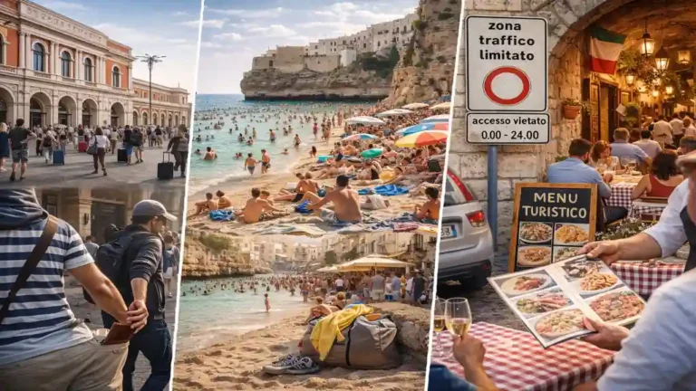 Scènes touristiques dans les Pouilles montrant plages bondées, zone ZTL italienne et restaurants touristiques, illustrant les pièges et endroits à éviter lors d’un voyage dans la région.