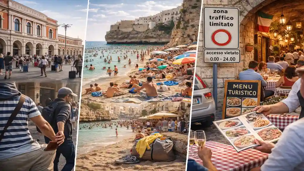 Scènes touristiques dans les Pouilles montrant plages bondées, zone ZTL italienne et restaurants touristiques, illustrant les pièges et endroits à éviter lors d’un voyage dans la région.