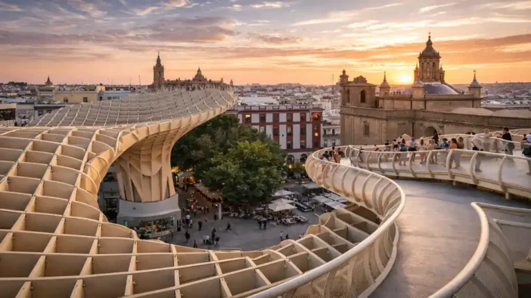 Passerelle panoramique du Metropol Parasol à Séville au coucher du soleil avec vue sur la ville et la Plaza de la Encarnación depuis Las Setas de Sevilla.