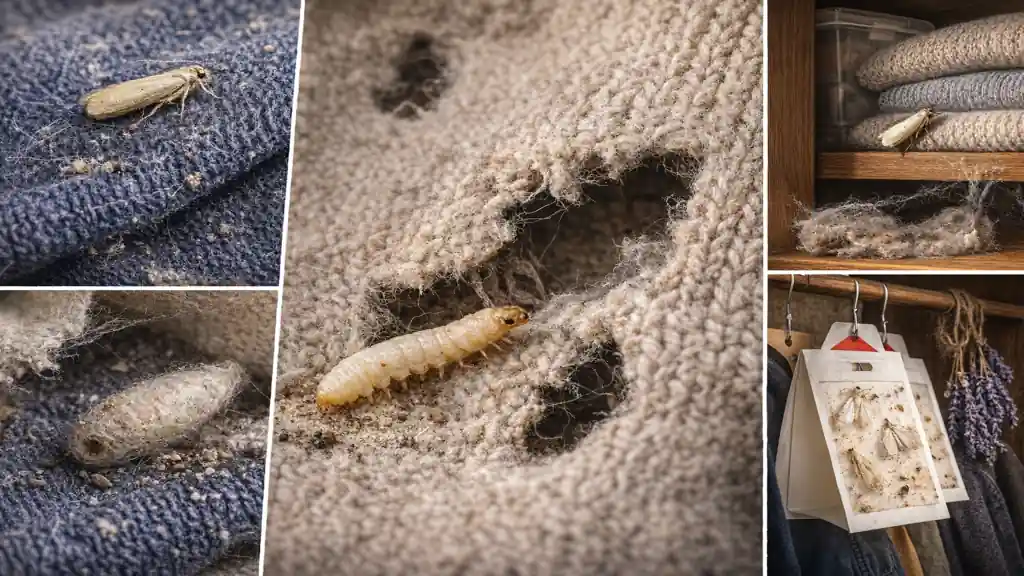 Mite des vêtements : reconnaître l'infestation et s'en débarrasser efficacement 1 Larve de mite des vêtements creusant un trou dans un pull en laine avec papillons adultes et pièges à phéromones dans un placard infesté.