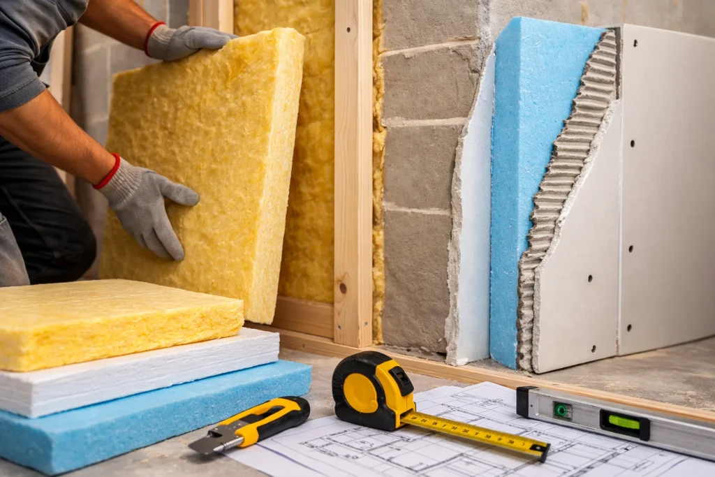 Pose d’une plaque isolante sur mur intérieur en rénovation avec panneaux isolants thermiques et doublage mural