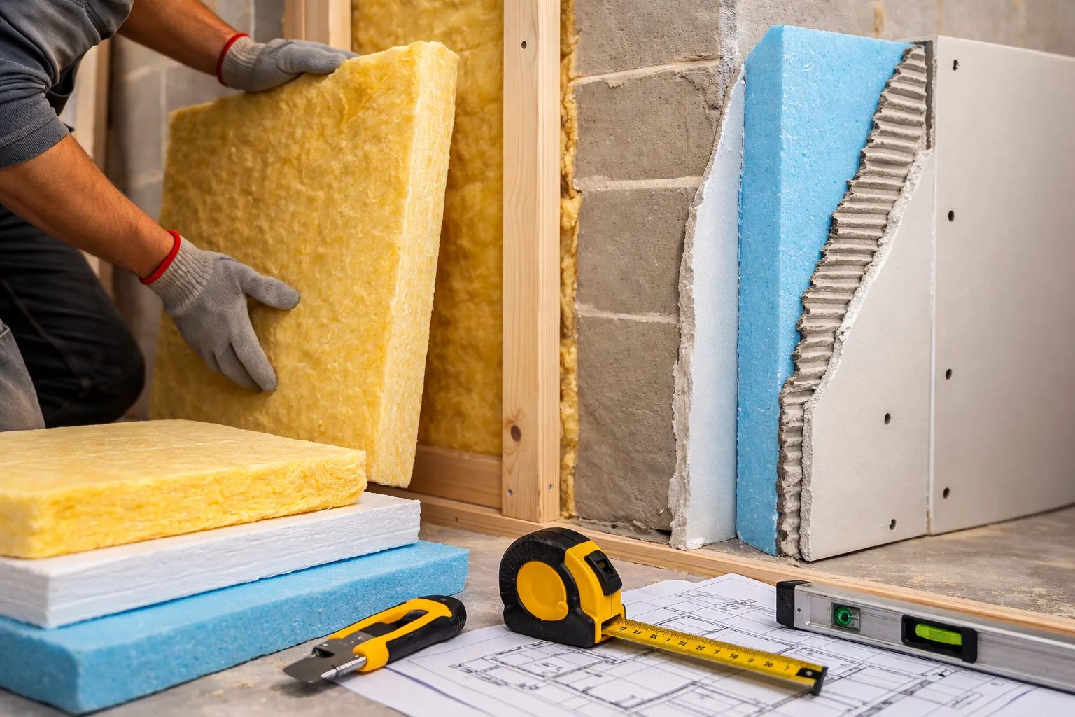 Plaque isolante : choisir le bon panneau selon l'usage et la performance 1 Pose d’une plaque isolante sur mur intérieur en rénovation avec panneaux isolants thermiques et doublage mural