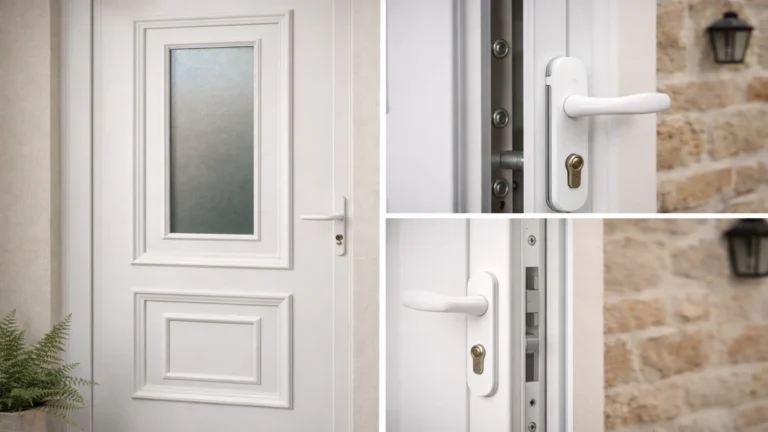 Porte d'entrée PVC blanche moderne avec panneau vitré dépoli et serrure multipoints installée sur une façade de maison.