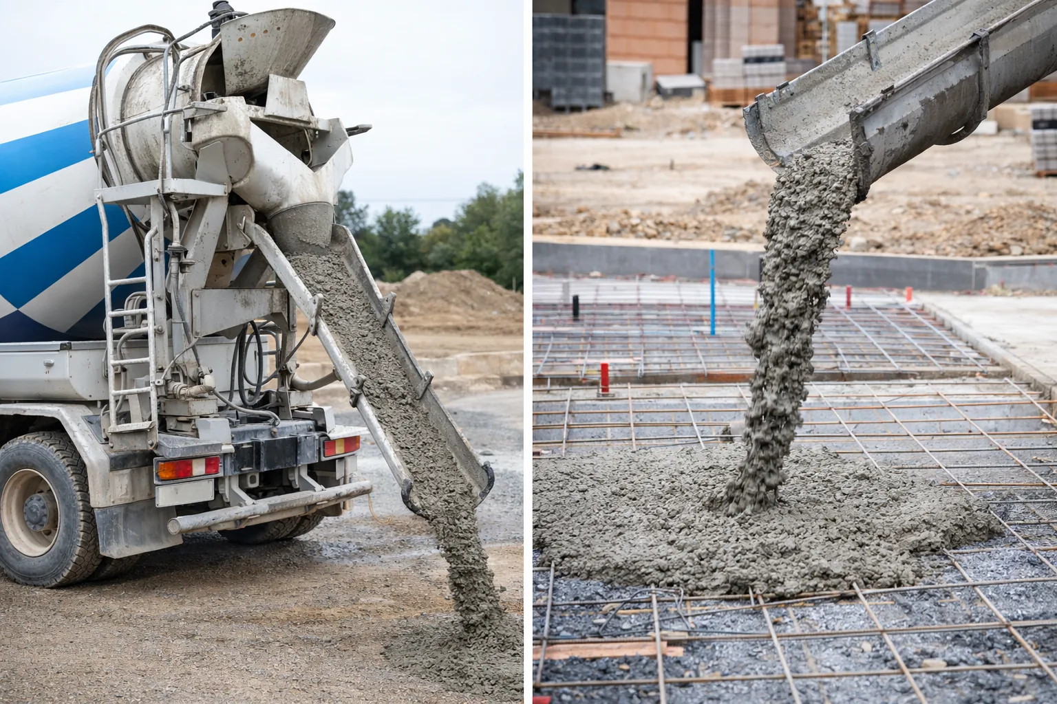 Camion toupie déversant du béton sur un treillis pour dalle de chantier, illustration du prix au m3 de béton livré