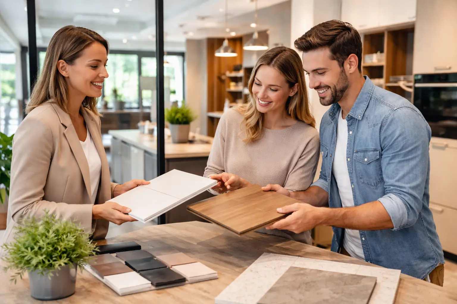 Conseillère présentant des échantillons à un couple dans un magasin de cuisines pour un projet d’aménagement local et sur mesure.