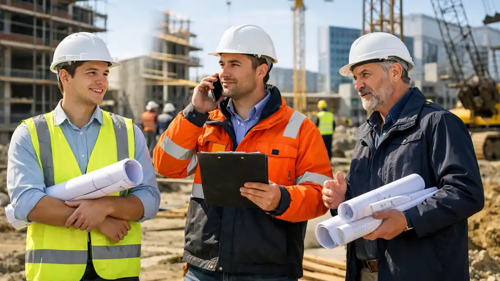 Conducteur de travaux sur chantier avec plans et casque de sécurité, illustration du salaire conducteur de travaux en France