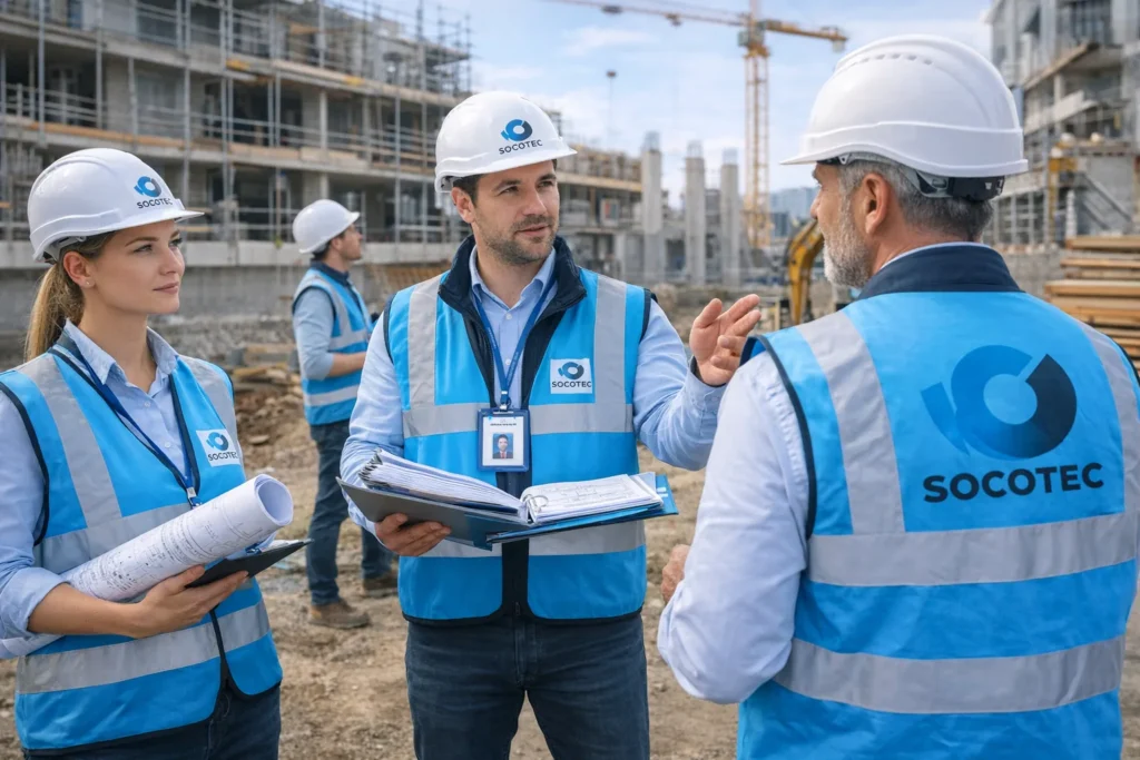 Ingénieurs SOCOTEC Construction en contrôle technique sur un chantier de bâtiment avec plans, casques et gilets de sécurité