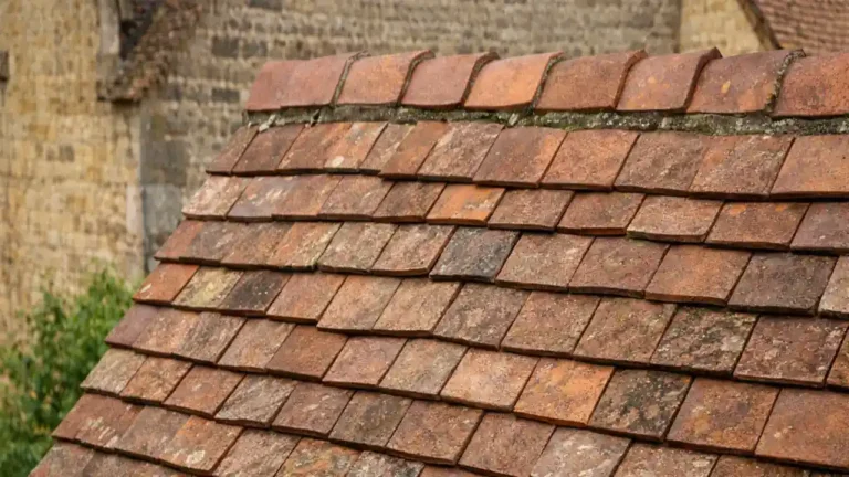 Toiture traditionnelle en tuiles plates en terre cuite posées en double recouvrement sur un toit à forte pente.