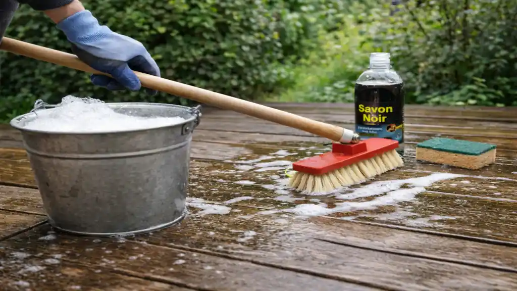 Nettoyage d’une terrasse en bois avec balai-brosse, eau savonneuse et savon noir dans un jardin extérieur.