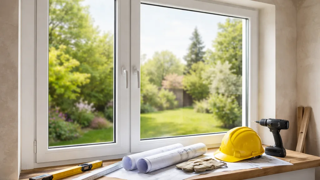 Fenêtre PVC blanche installée dans une maison en rénovation avec outils de chantier sur l’appui et jardin lumineux en arrière-plan.