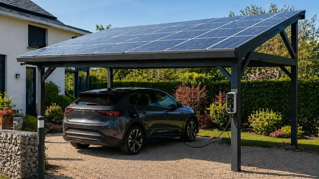 Carport solaire moderne avec panneaux photovoltaïques protégeant une voiture électrique en recharge.