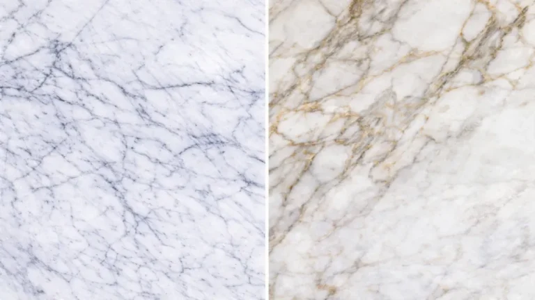 comparaison visuelle marbre blanc naturel et carrelage effet marbre avec veinage gris et doré réalist