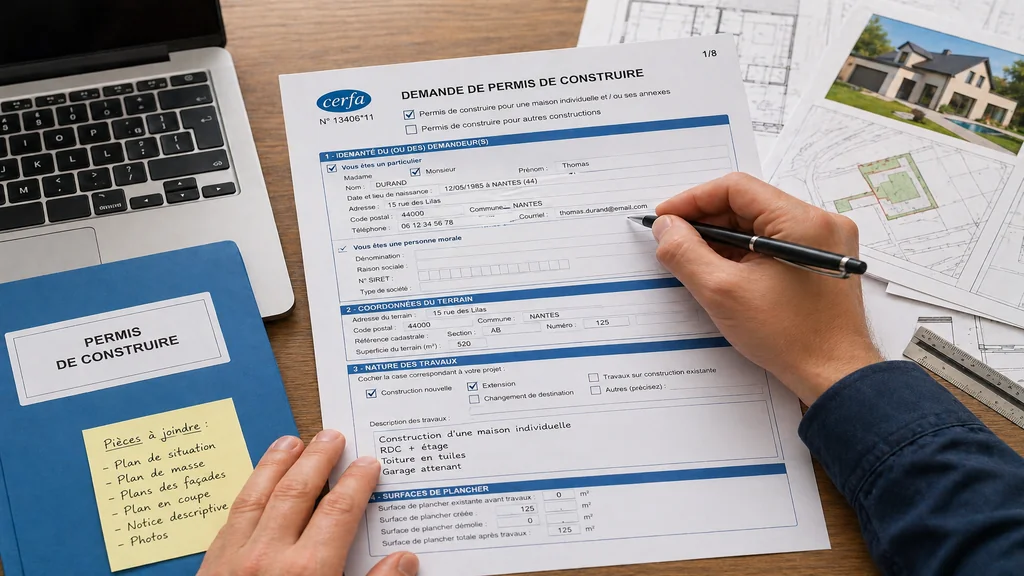 Dossier de permis de construire avec formulaire Cerfa, plans de maison et pièces administratives.