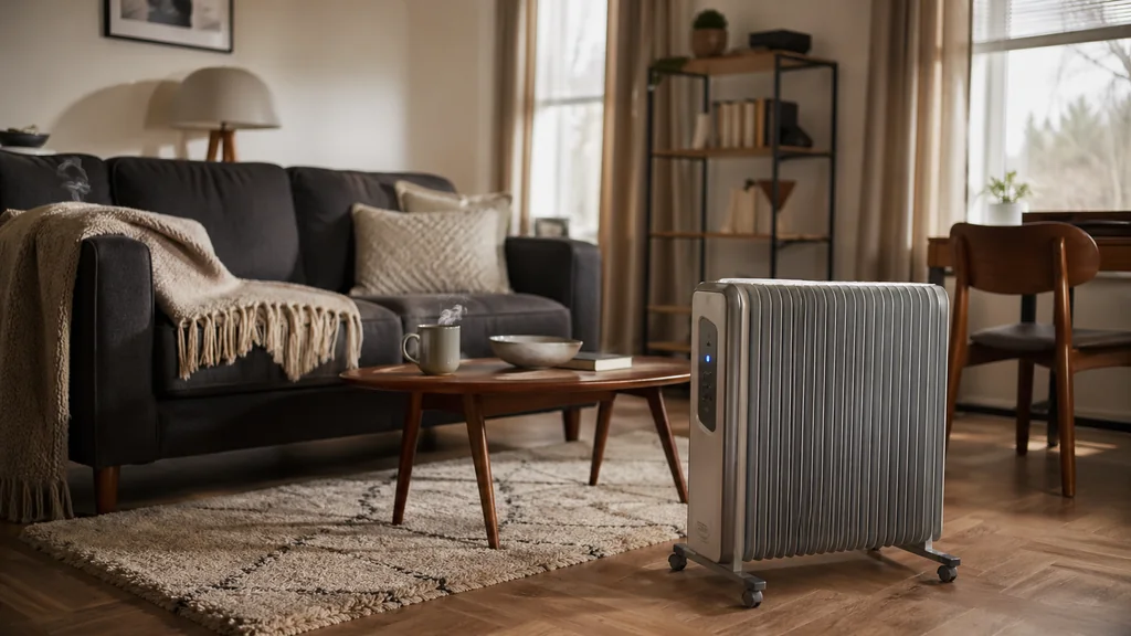 Radiateur d’appoint économique dans un salon chaleureux pour chauffer une pièce de façon ciblée.