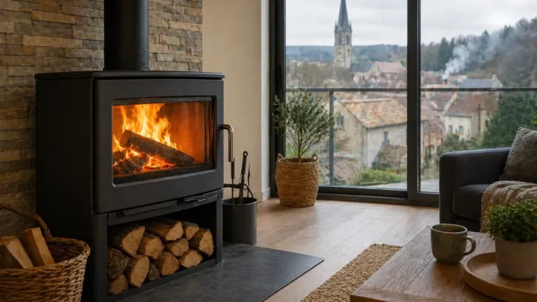 Poêle à bois moderne allumé dans un salon avec vue sur un village, illustrant les règles sur le chauffage bois.