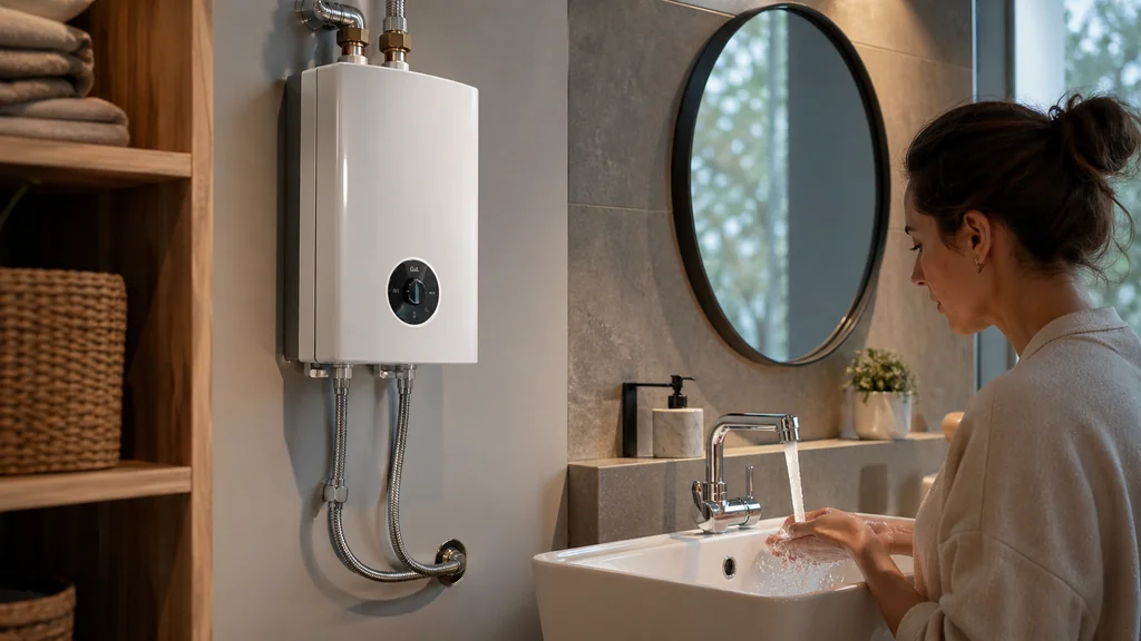 Chauffe-eau instantané électrique mural dans une salle de bain moderne avec robinet d’eau chaude ouvert.