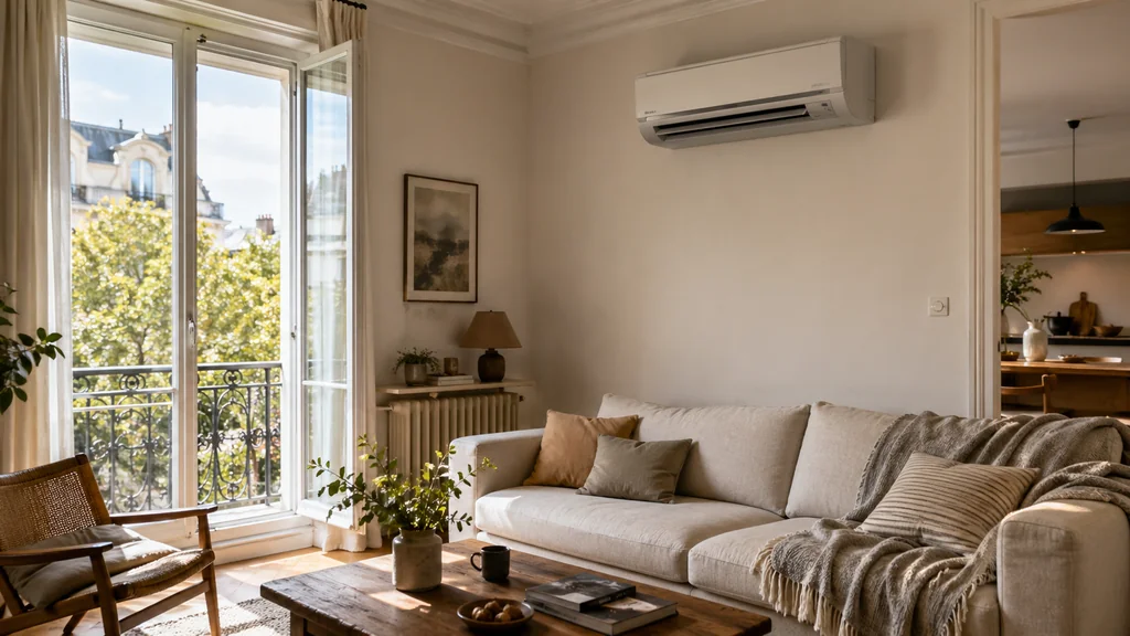 Climatisation réversible murale installée dans un salon lumineux pour chauffer et rafraîchir le logement.