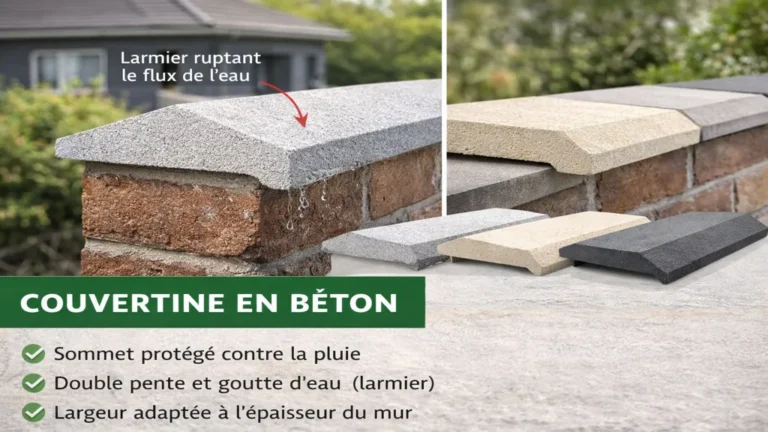 couvertine en béton posée sur muret avec profil double pente et larmier pour évacuation de l’eau