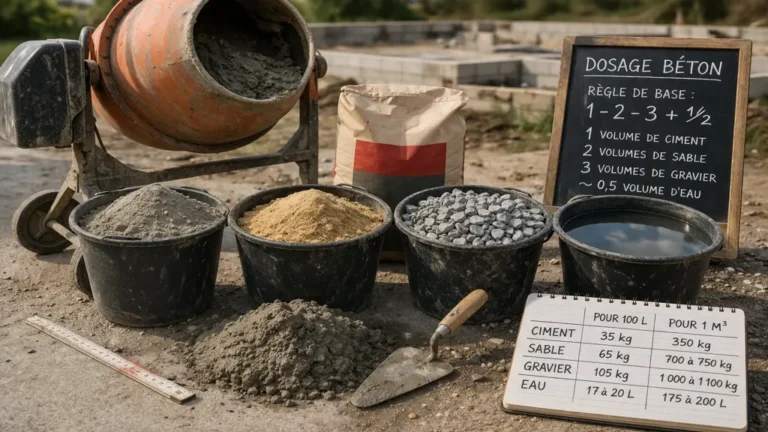 dosage béton avec ciment sable gravier eau et bétonnière sur chantier de construction