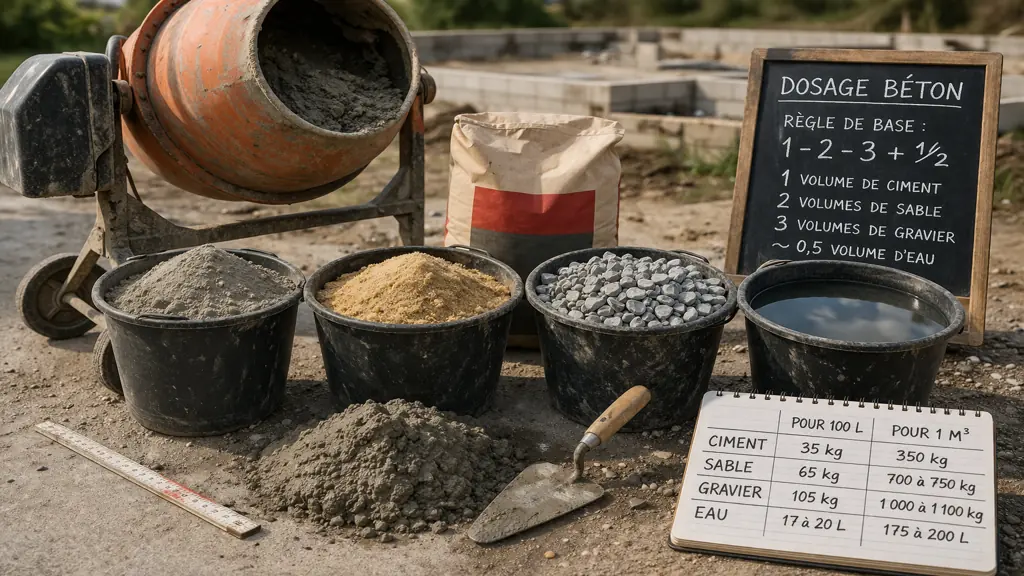 dosage béton avec ciment sable gravier eau et bétonnière sur chantier de construction