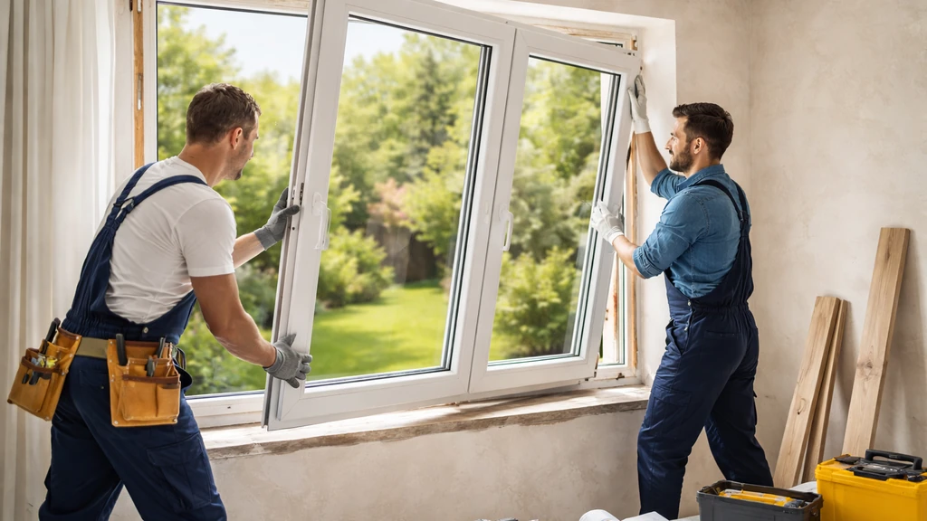 Pose d’une nouvelle fenêtre PVC blanche par deux installateurs dans une maison en rénovation lumineuse.