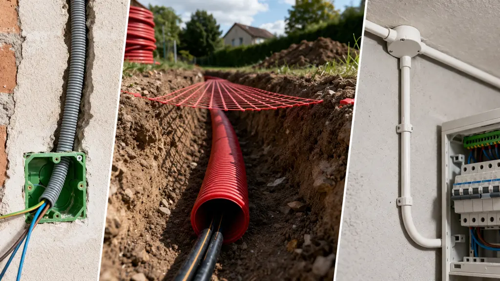 fourreau électrique TPC rouge enterré avec câbles en tranchée et gaines ICTA et IRL en installation intérieure