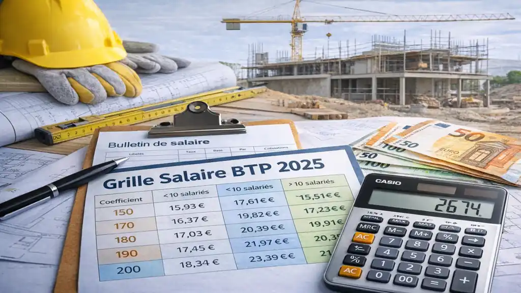 Document de grille salariale BTP 2025 avec fiche de paie, calculatrice et chantier de construction en arrière-plan.