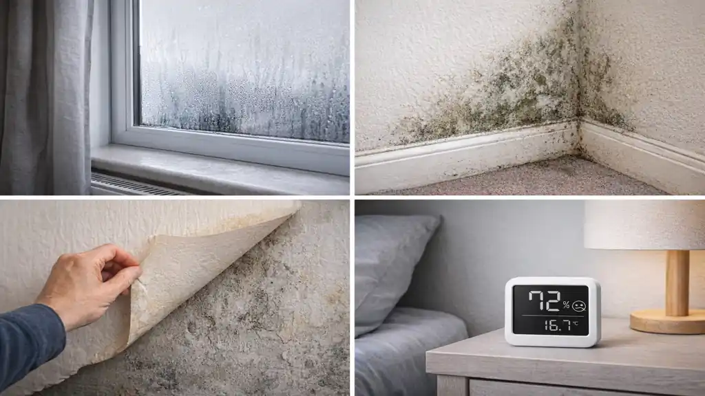 Signes d’humidité dans une chambre avec condensation sur fenêtre, moisissures sur mur, papier peint décollé et hygromètre affichant un taux élevé.