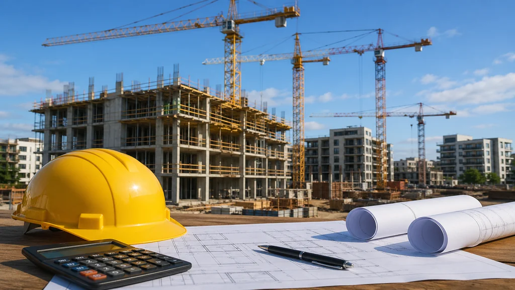 Chantier de construction avec casque, plans et calculatrice pour illustrer l’indice coût de la construction.