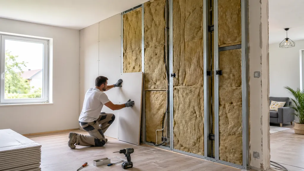 Pose d’une isolation sur ossature métallique avec laine minérale et plaque de plâtre sur un mur intérieur.