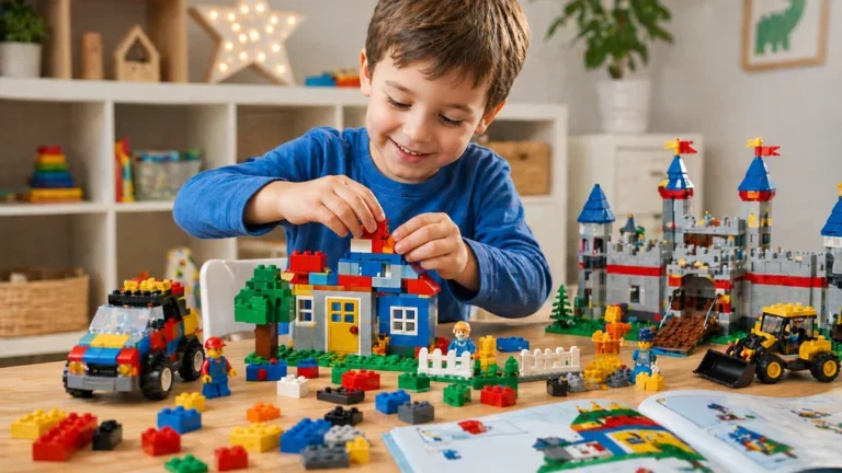 Enfant jouant avec des jeux de construction colorés dans une salle de jeux lumineuse.