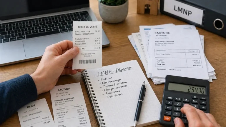 Justificatifs de dépenses LMNP avec factures, ticket de caisse et calculatrice sur un bureau.