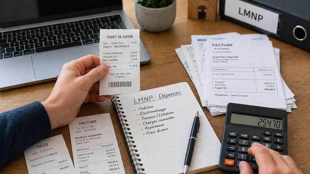 Justificatifs de dépenses LMNP avec factures, ticket de caisse et calculatrice sur un bureau.