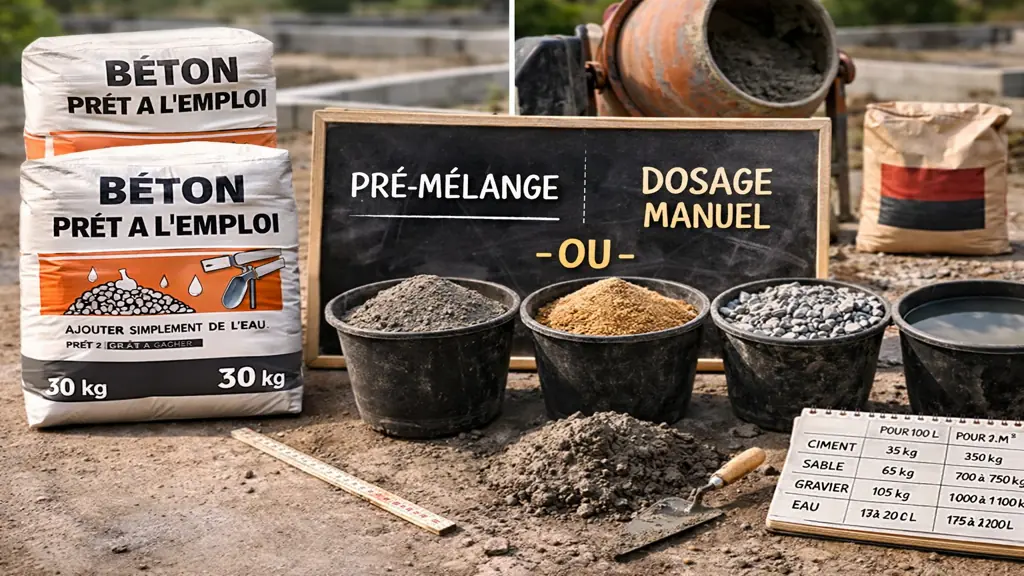 mélange à béton avec sacs prêts à l’emploi et dosage manuel ciment sable gravier sur chantier