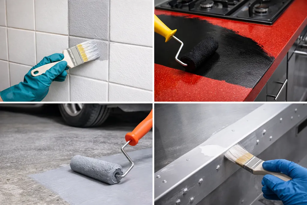 Application de peinture résine sur carrelage, plan de travail, sol en béton et surface métallique lors d’un chantier de rénovation intérieure.