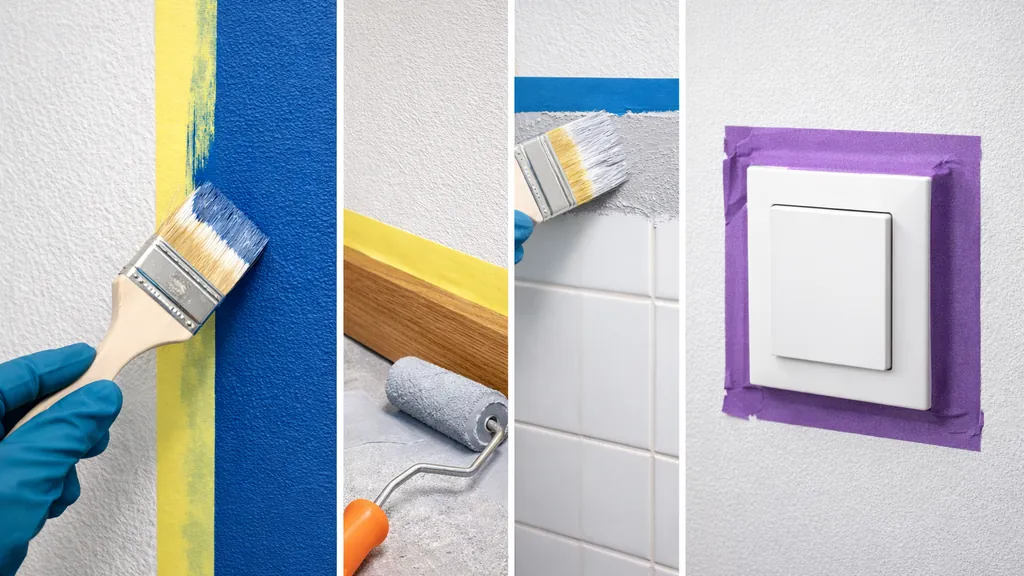 Ruban de masquage pour peinture posé sur mur, plinthe, carrelage et interrupteur afin d’obtenir des lignes nettes lors de travaux de peinture intérieure.