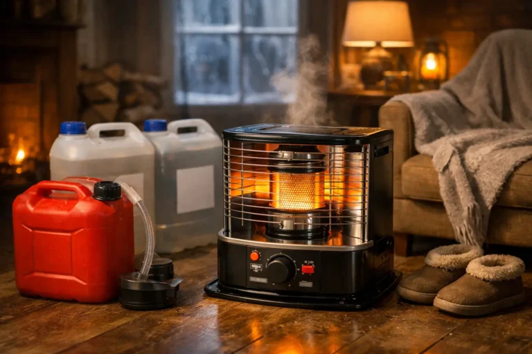 Poêle à pétrole chauffage dans un salon en hiver avec bidons de combustible et ambiance chaleureuse