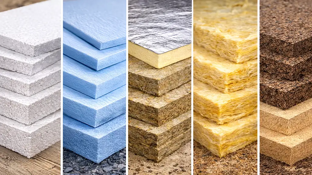 Plaque pour isolation : quel panneau isolant choisir selon votre support et vos objectifs ? 1 plaques isolantes thermiques PSE XPS PUR laine minérale liège et fibre de bois comparées en vue rapprochée
