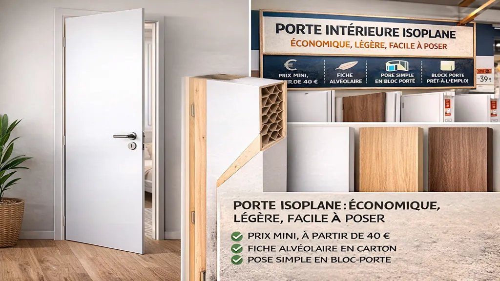 porte isoplane intérieure blanche avec structure alvéolaire et finitions bois en présentation showroom