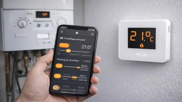 Thermostat connecté pour chaudière gaz piloté depuis un smartphone devant une chaudière murale dans un logement moderne.
