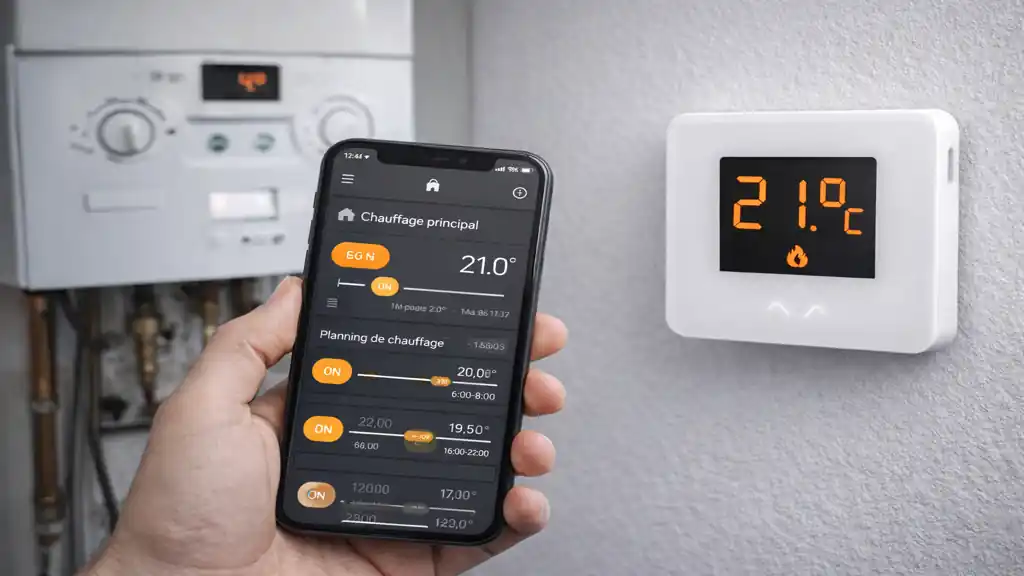 Thermostat connecté pour chaudière gaz piloté depuis un smartphone devant une chaudière murale dans un logement moderne.