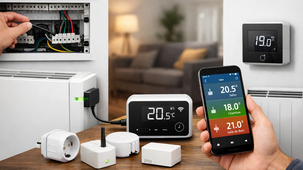 Pilotage de radiateurs électriques connectés avec smartphone, thermostat mural et modules domotiques dans un intérieur moderne.