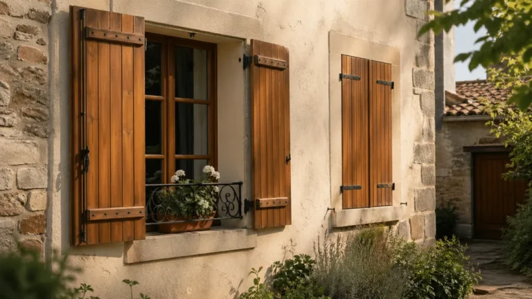 Volets bois extérieurs sur une façade de maison ancienne avec fenêtre ouverte et lumière naturelle.