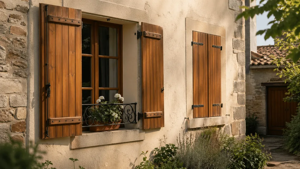 Volets bois extérieurs sur une façade de maison ancienne avec fenêtre ouverte et lumière naturelle.