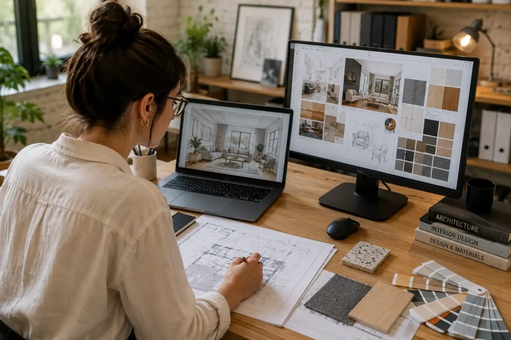 Architecte d’intérieur travaillant sur des plans et des visuels 3D dans un studio de design moderne.